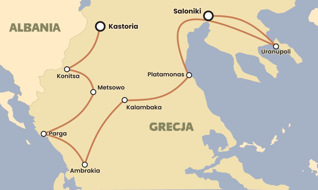 Mapa trasy wyprawy motocyklowej Caravana po Grecji – Saloniki, Meteory, Epir, Vikos, Chalkidiki i okolice granicy albańskiej
