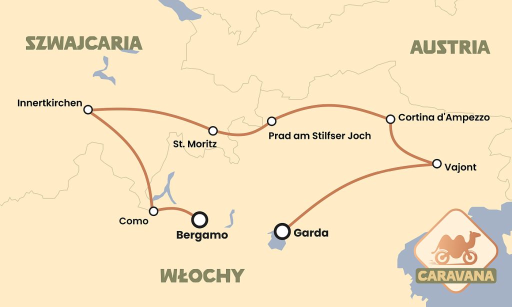 Mapa trasy wyprawy motocyklowej w Alpy – przebieg wyjazdu przez Włochy i Szwajcarię, z zaznaczonymi miejscami takimi jak Como, Bernina, Stelvio, Cortina i Garda.